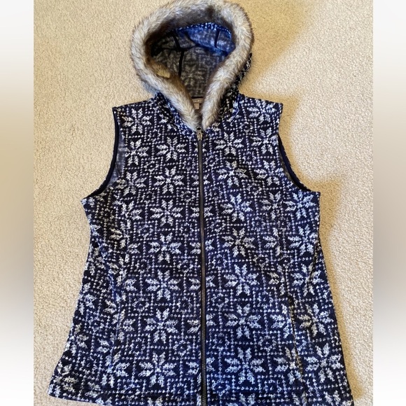 Talbots Navy Blue Nordic Fair Isle Snowflake Sweater Vest Fur Trim Hood Zip Up - Picture 11 of 13